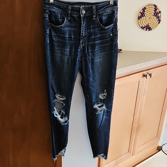 American Eagle Outfitters Denim - American Eagle Distresses Destroyed Jeans, Dark Wash High Rise Crop